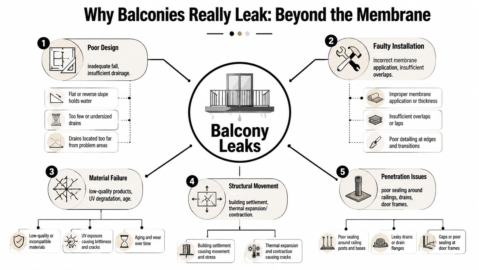 An infographic detailing five primary causes of balcony leaks including poor design, installation, materials, movement, and penetrations.