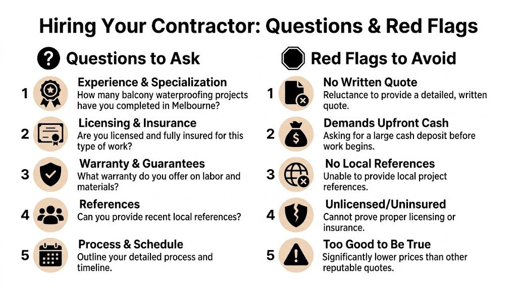An infographic titled Hiring Your Contractor listing five essential questions and five red flags for waterproofing.