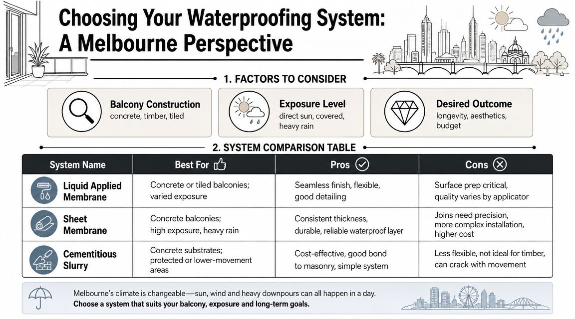 An infographic comparing different balcony waterproofing systems suitable for the variable climate in Melbourne, Australia.