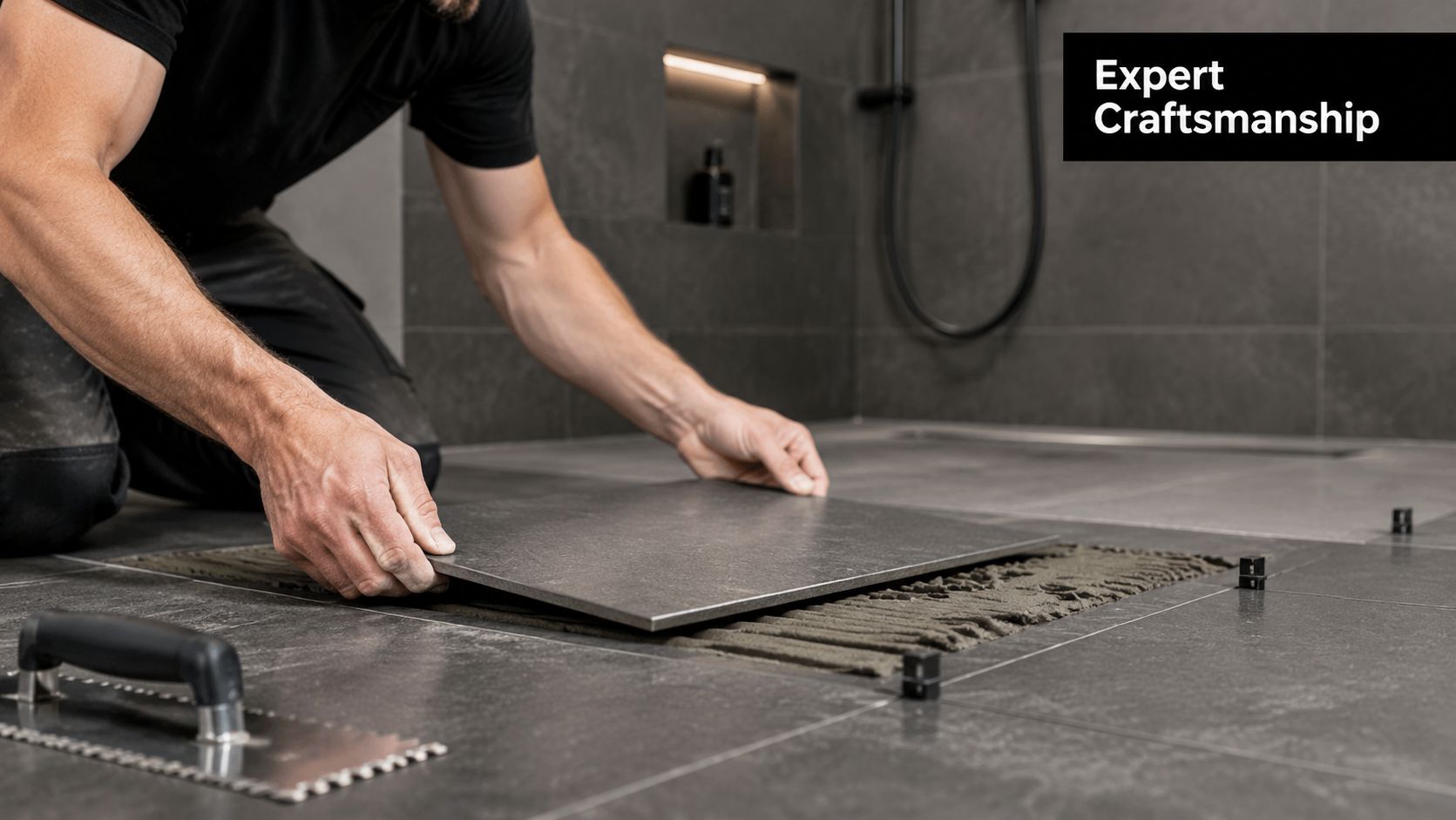 A professional tiler carefully installing a large dark ceramic floor tile onto adhesive in a bathroom.