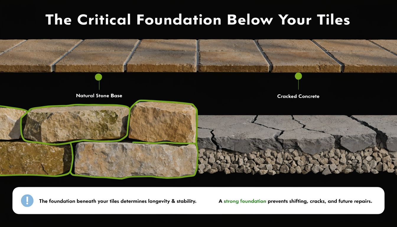A comparison illustration showing natural stone versus cracked concrete as foundations for tiled floor surfaces.