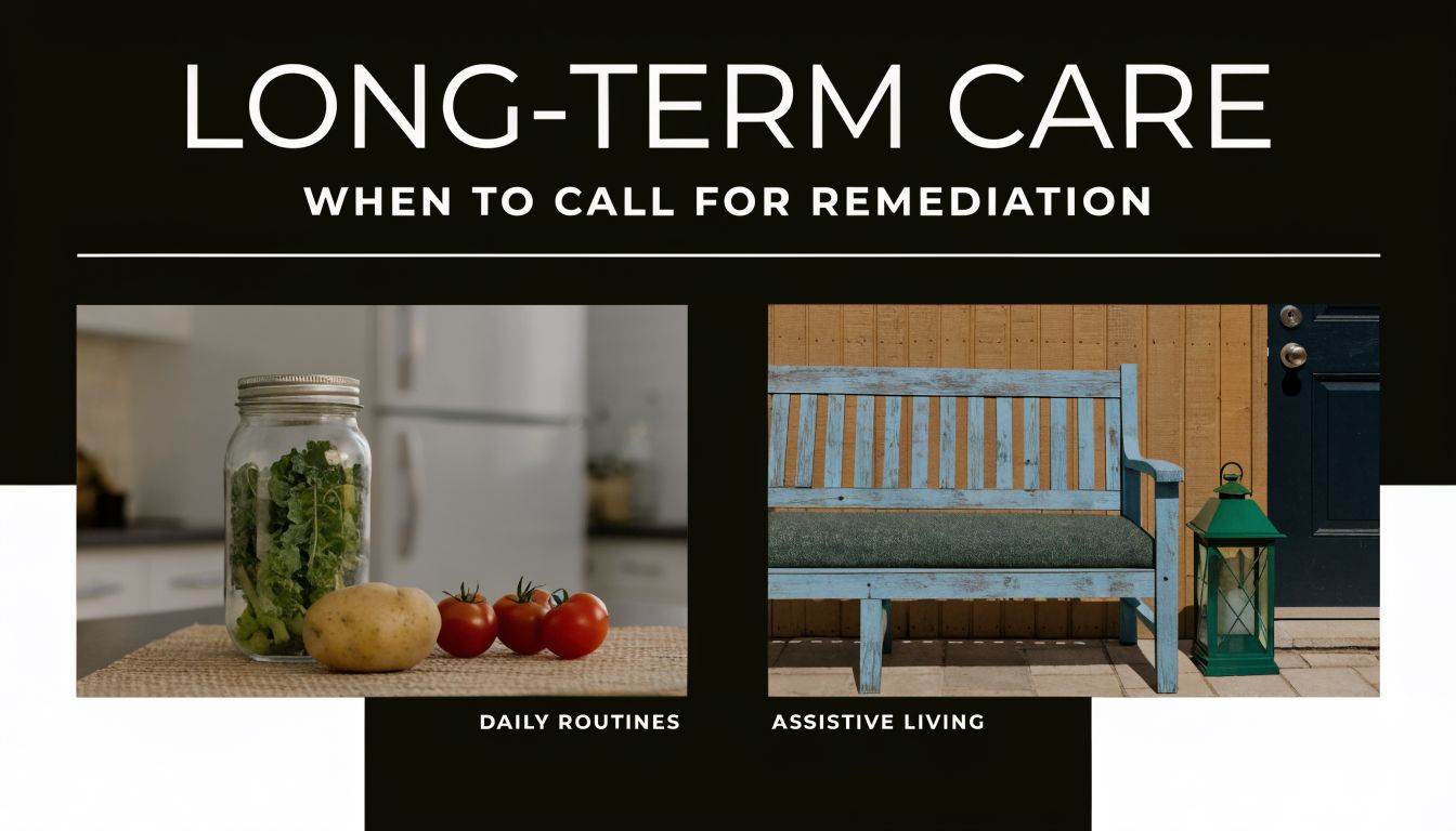 A split image showing healthy food ingredients for daily routines and a bench for assistive living.