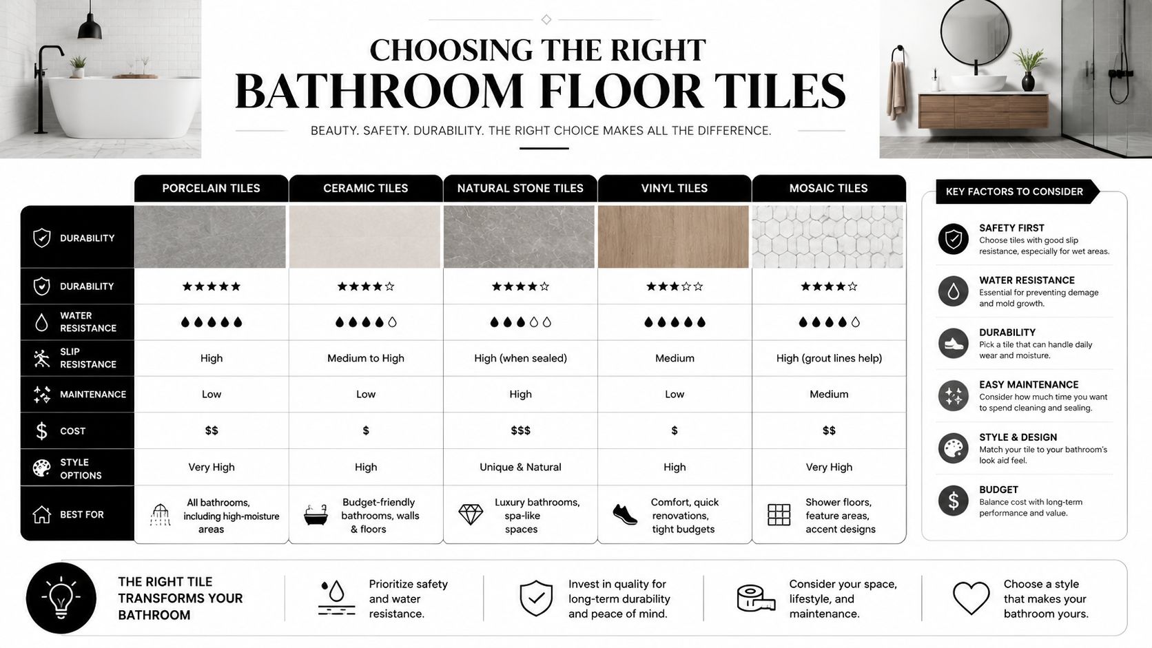 A comprehensive comparison chart of various bathroom floor tile materials including porcelain, ceramic, stone, vinyl, and mosaic.
