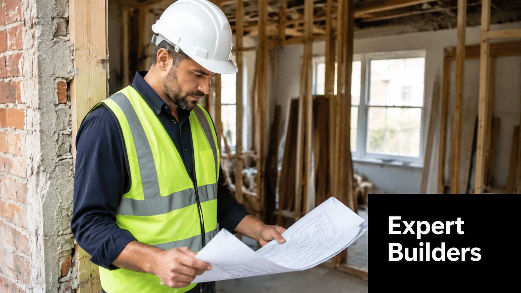 A professional construction worker in a hard hat reviewing architectural plans at a building site.