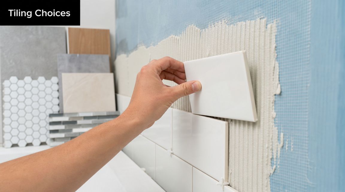 A person installs a white rectangular wall tile onto a blue mesh surface with wet mortar.