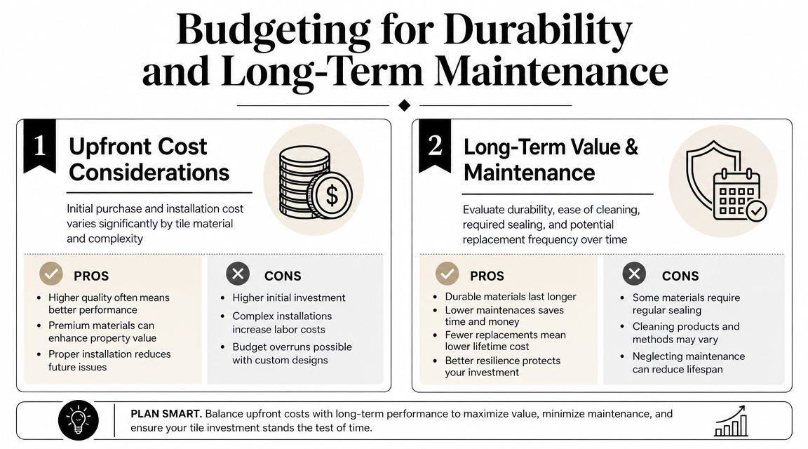 An infographic titled Budgeting for Durability and Long-Term Maintenance detailing costs, pros, and cons of tile installation.