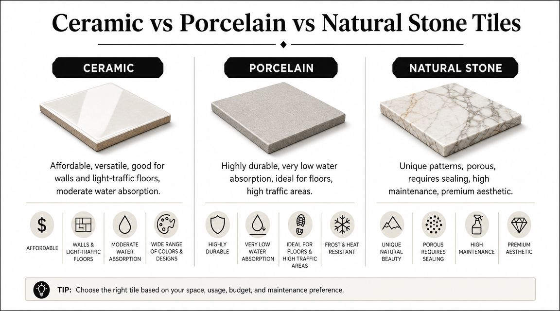 A comparison chart of ceramic, porcelain, and natural stone tiles highlighting their features, durability, and maintenance requirements.