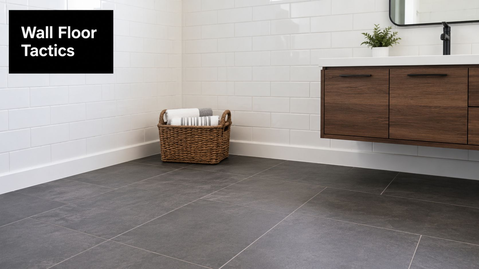 A modern bathroom featuring dark ceramic tile flooring, a floating wooden vanity, and white subway tiled walls.