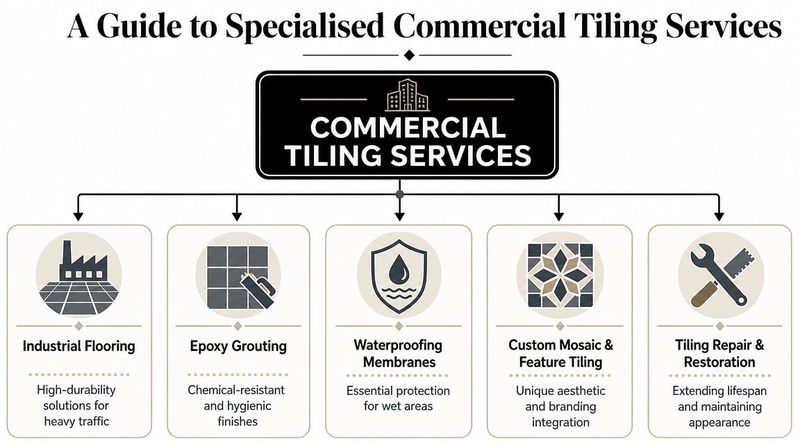An infographic titled Commercial Tiling Services highlighting industrial flooring, epoxy grouting, waterproofing, custom mosaic, and repair services.