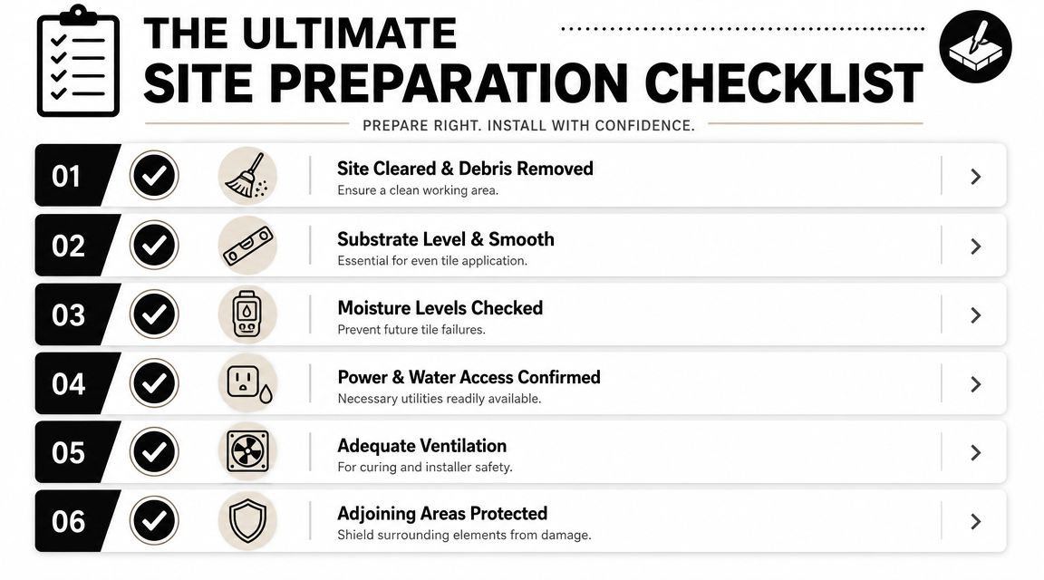 A six-step checklist for professional tile site preparation to ensure a high-quality installation process.