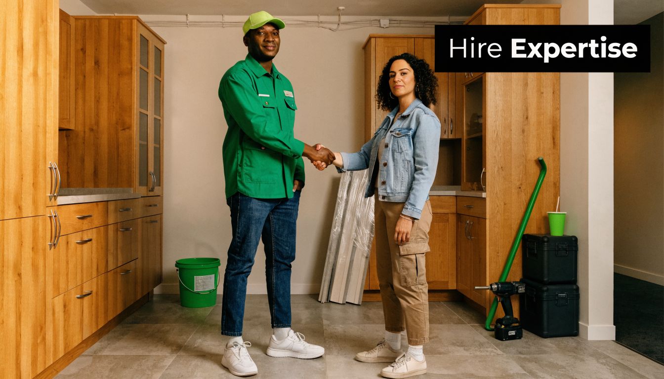 A professional contractor in a green uniform shakes hands with a female client in a kitchen.