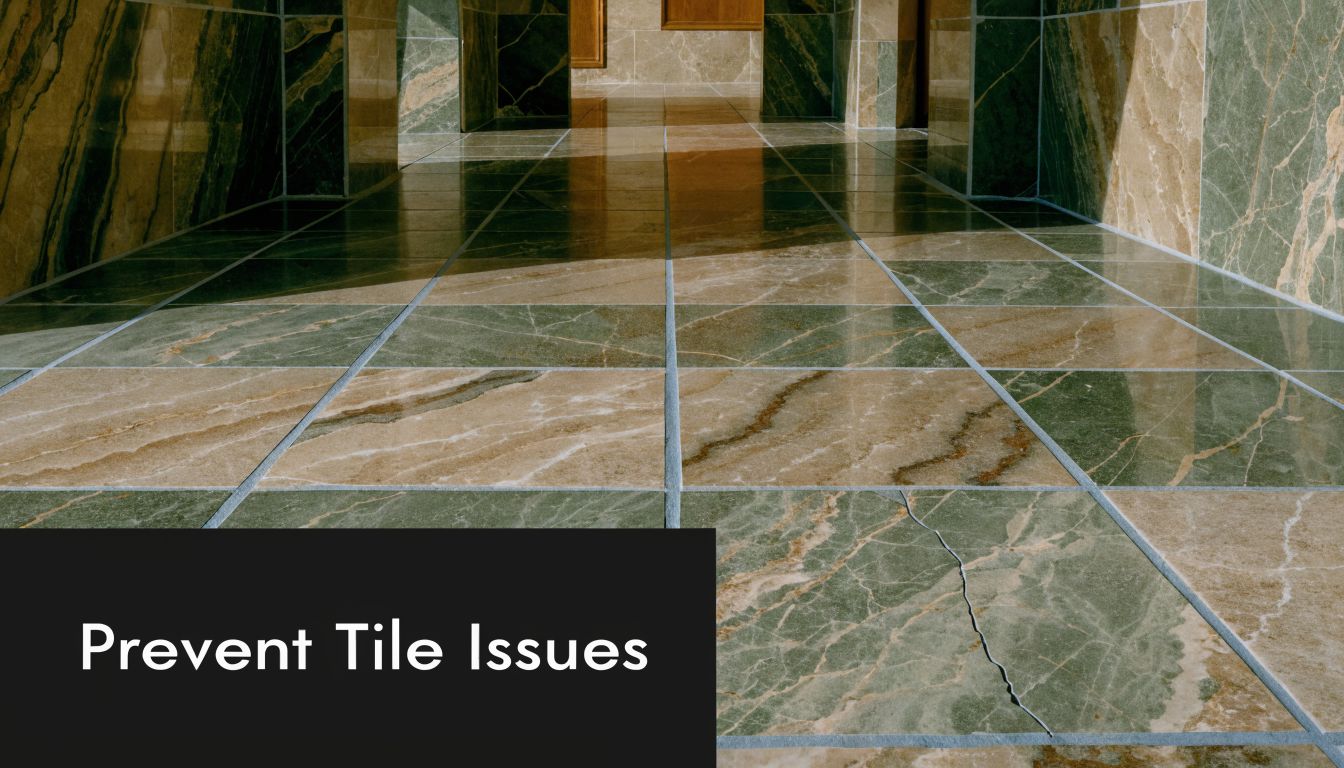 A close-up view of a cracked marble floor tile in a hallway with modern interior design.