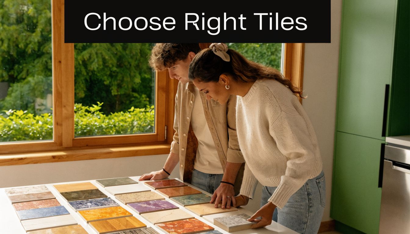 A young couple reviewing various colored tile samples for home renovation on a bright kitchen table.