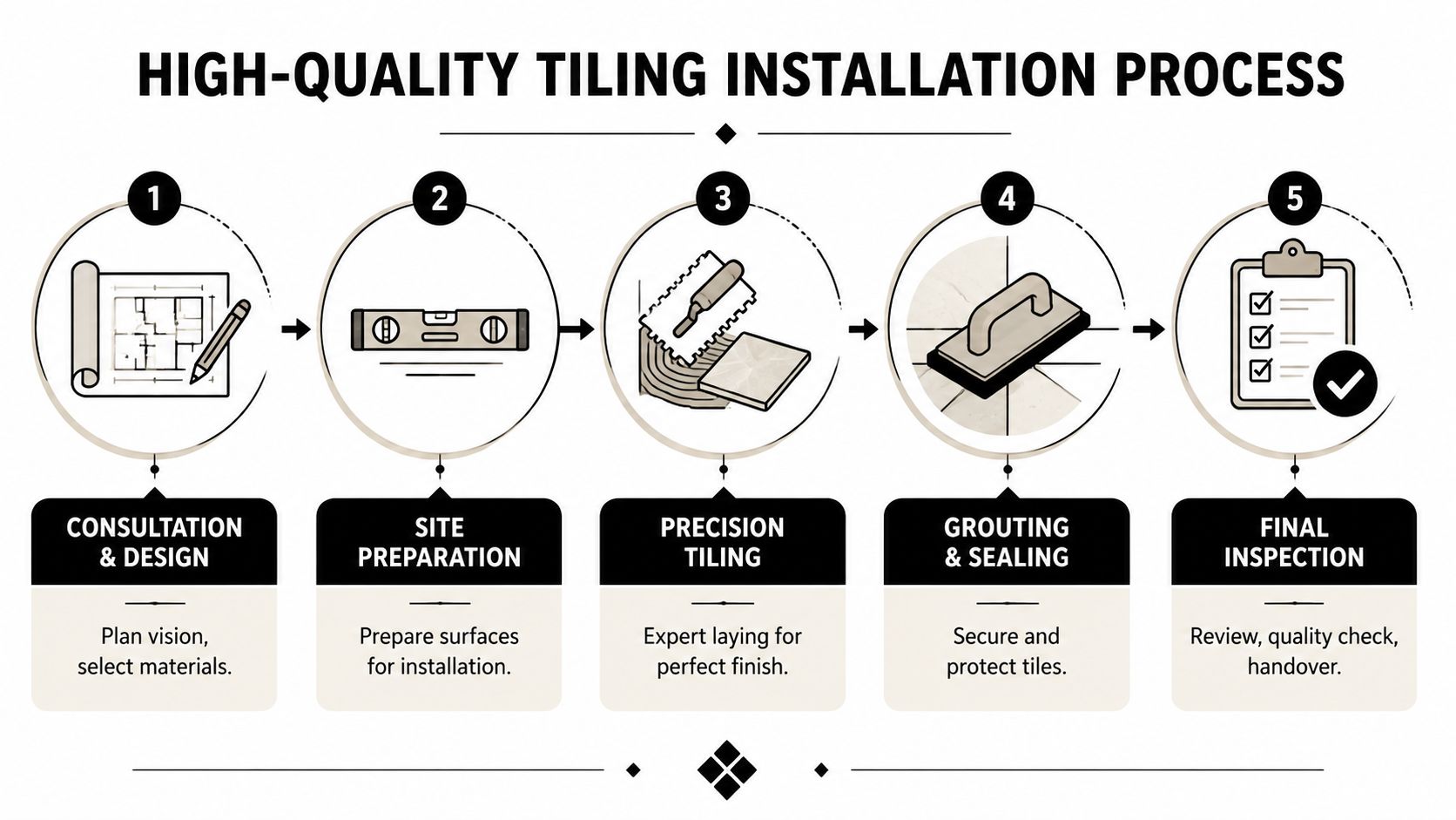 A five-step infographic showing the professional high-quality process for tiling installation from design to final inspection.