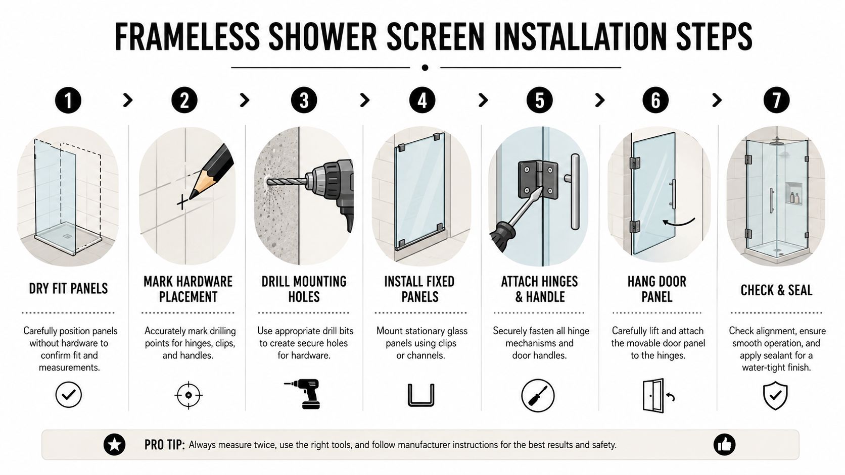 A seven-step instructional diagram for installing a frameless glass shower screen with tools and safety tips.