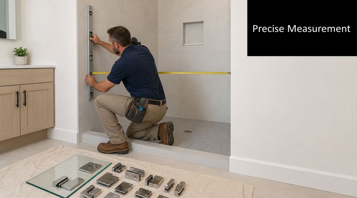 A professional installer measures a bathroom wall for a frameless shower screen installation with tools and hardware.