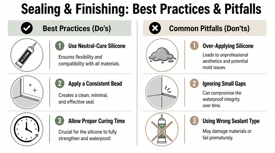 An infographic detailing best practices and common pitfalls for sealing and finishing frameless shower screen installations.