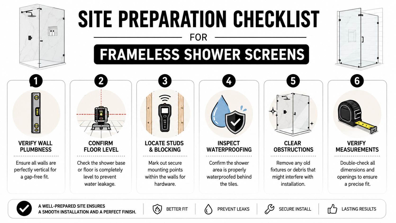 A six-step site preparation checklist infographic for installing a frameless shower screen in a bathroom.