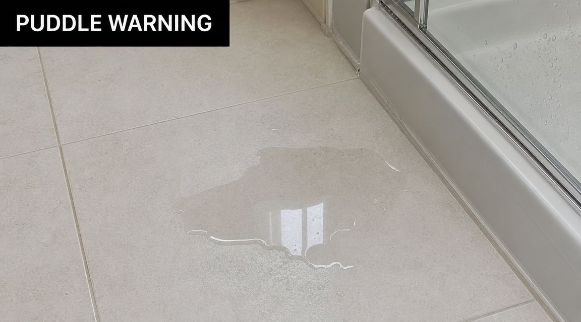 A puddle of water leaking from the base of a shower door onto the bathroom tile floor.