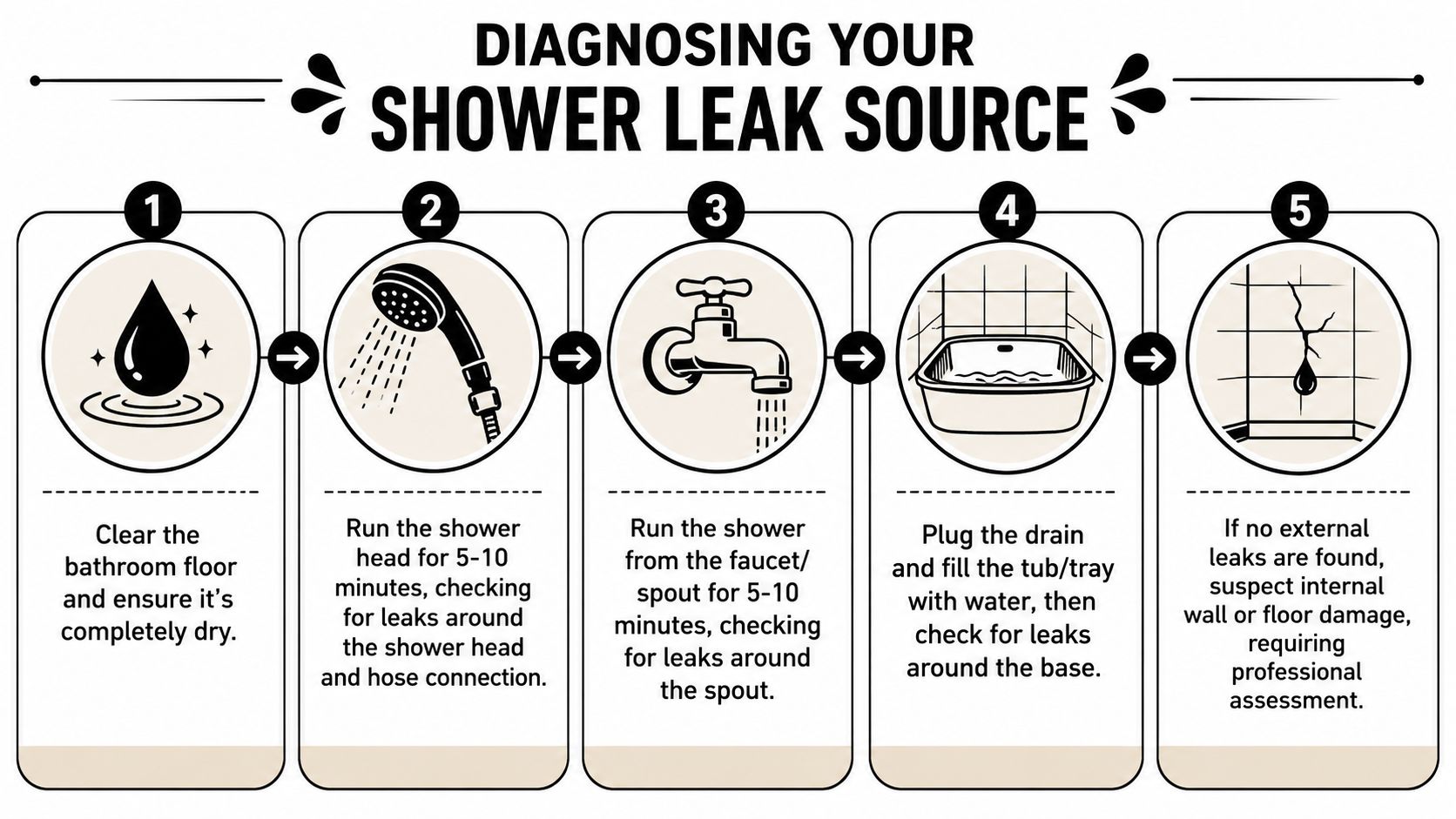 A five-step infographic guide on how to diagnose the source of a leaking shower at home.