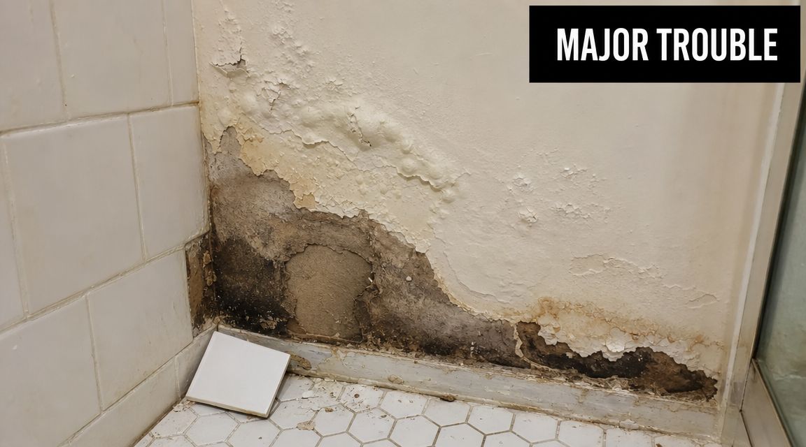 Severe water damage showing peeling paint and mold on a bathroom wall corner next to tiled floor