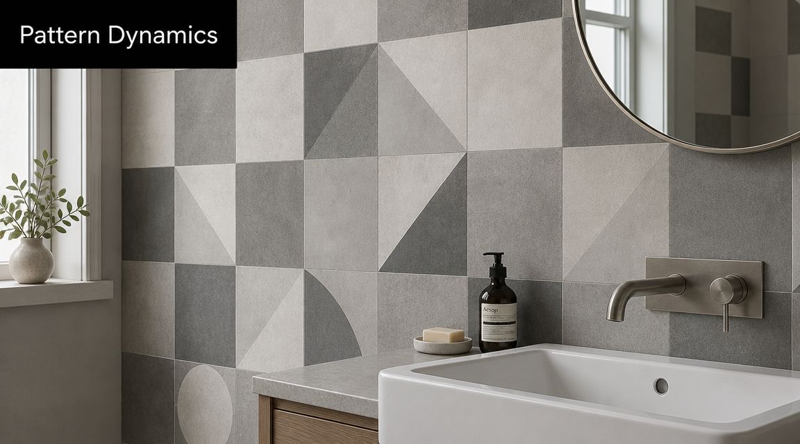 A modern bathroom vanity featuring geometric grey and white patterned wall tiles and a contemporary faucet.