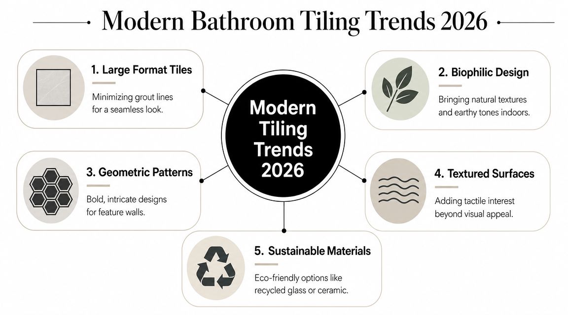 An infographic showing five key 2026 trends for modern bathroom tiling, including large format, biophilic, and sustainable designs.