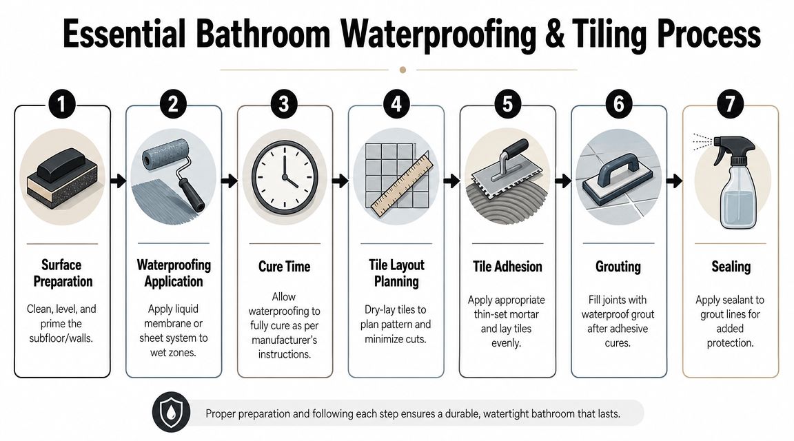 An infographic showing seven essential steps for professional bathroom waterproofing and tiling installation processes.
