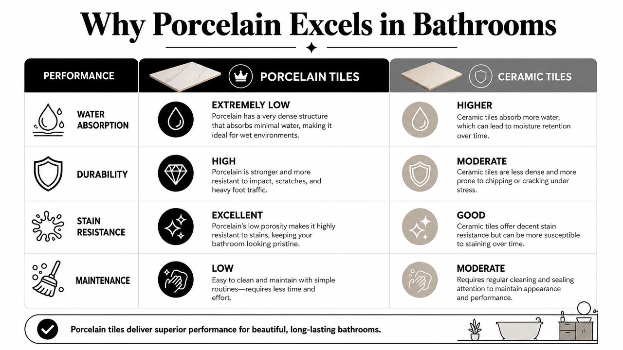 A comparison chart showing why porcelain tiles are superior to ceramic tiles for bathroom flooring and walls.