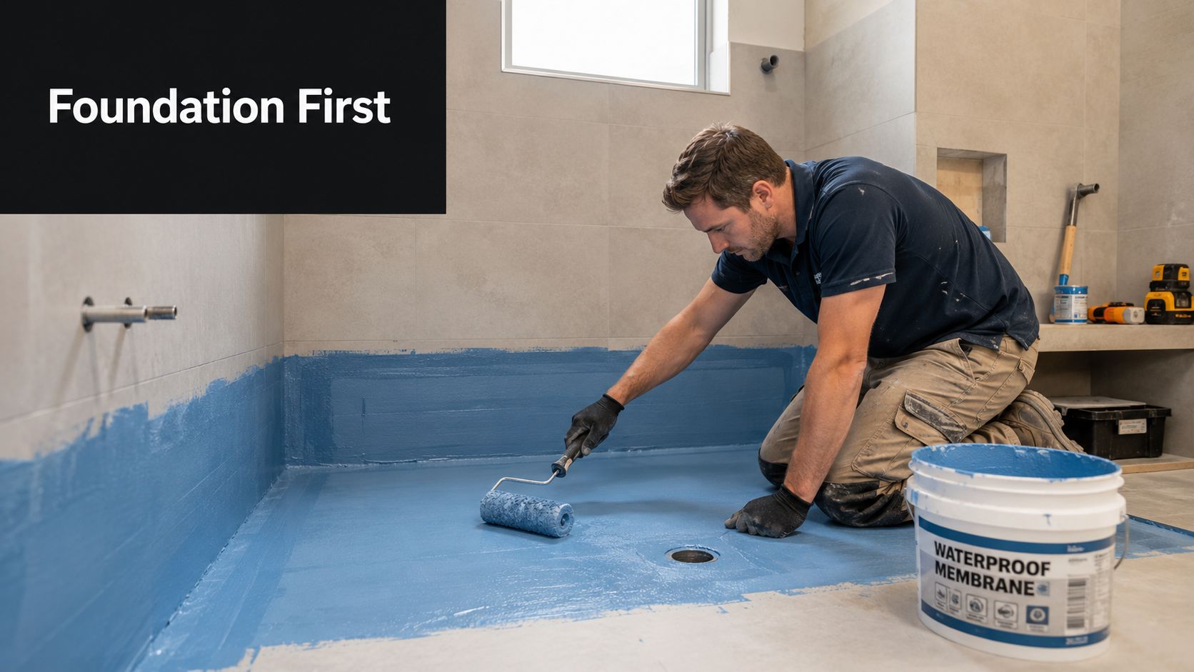 A professional tradesman applying blue waterproof membrane to a shower floor with a paint roller.