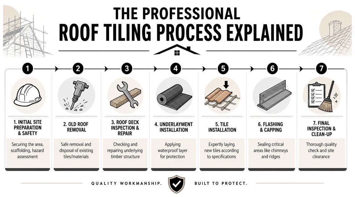 An infographic showing the seven essential steps of a professional roof tiling and installation process.