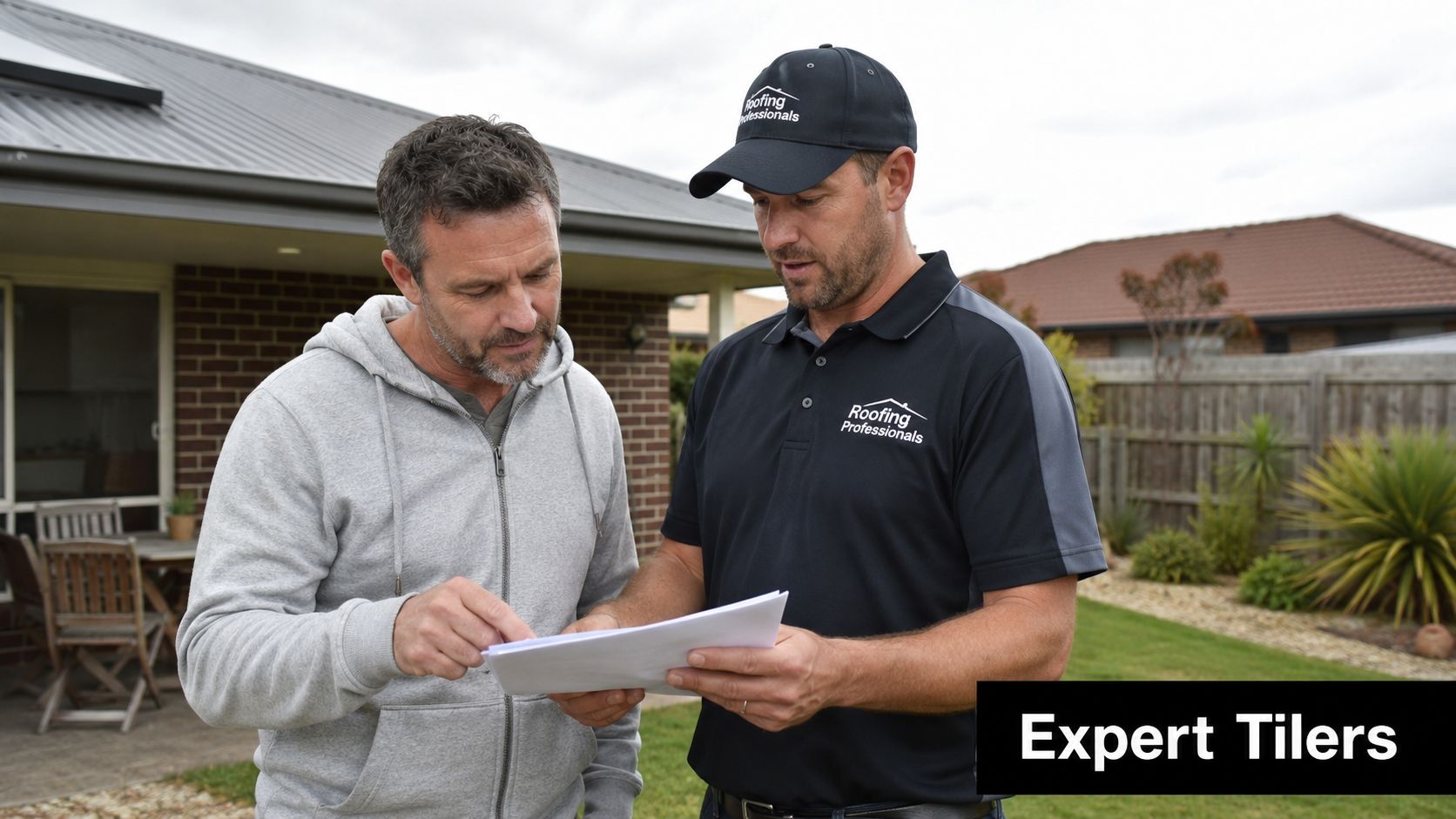 A professional roofer discussing a project estimate with a homeowner outside a suburban house.