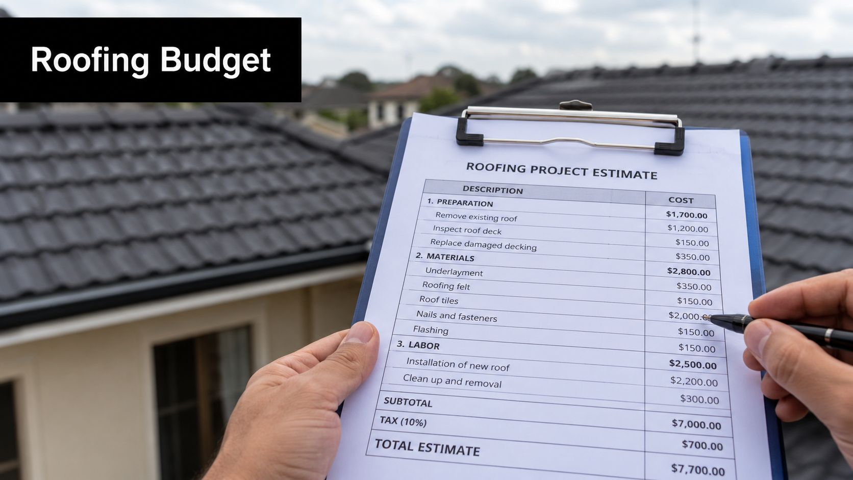 A person reviewing a detailed roofing project cost estimate on a clipboard with a roof in background.
