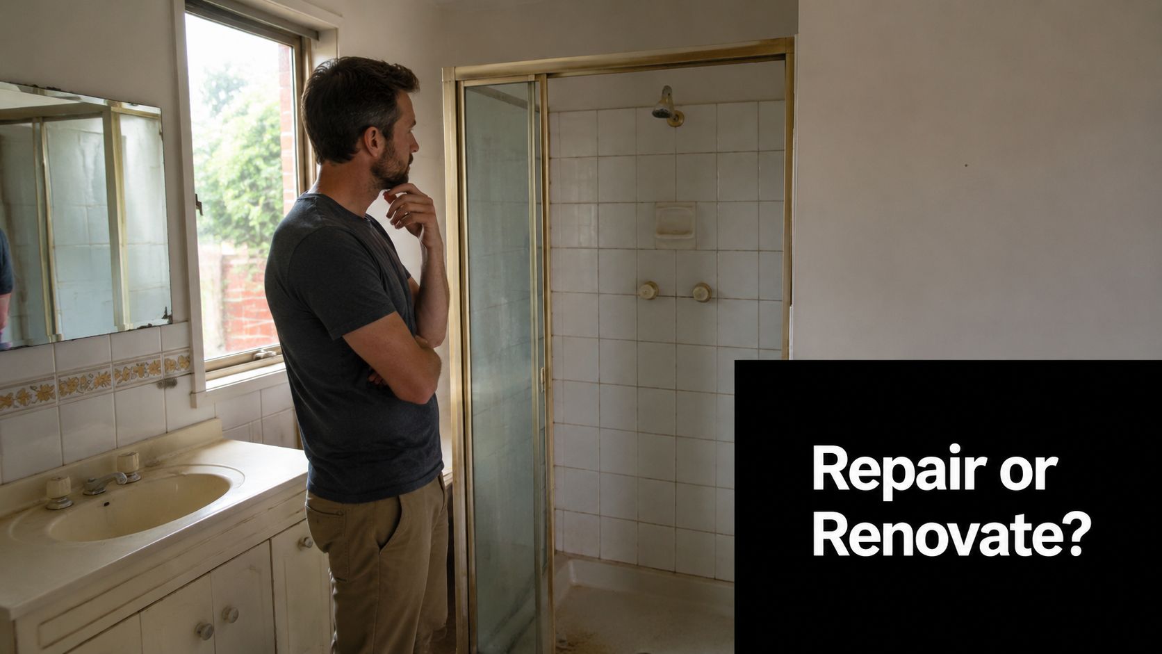 A man stands in a dated bathroom, contemplating whether to repair or renovate the shower area.