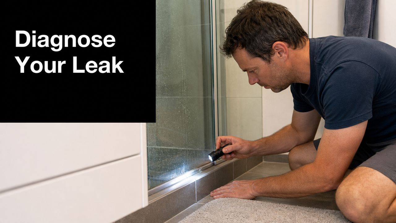 A man inspecting a shower glass door base with a flashlight to diagnose a water leak.