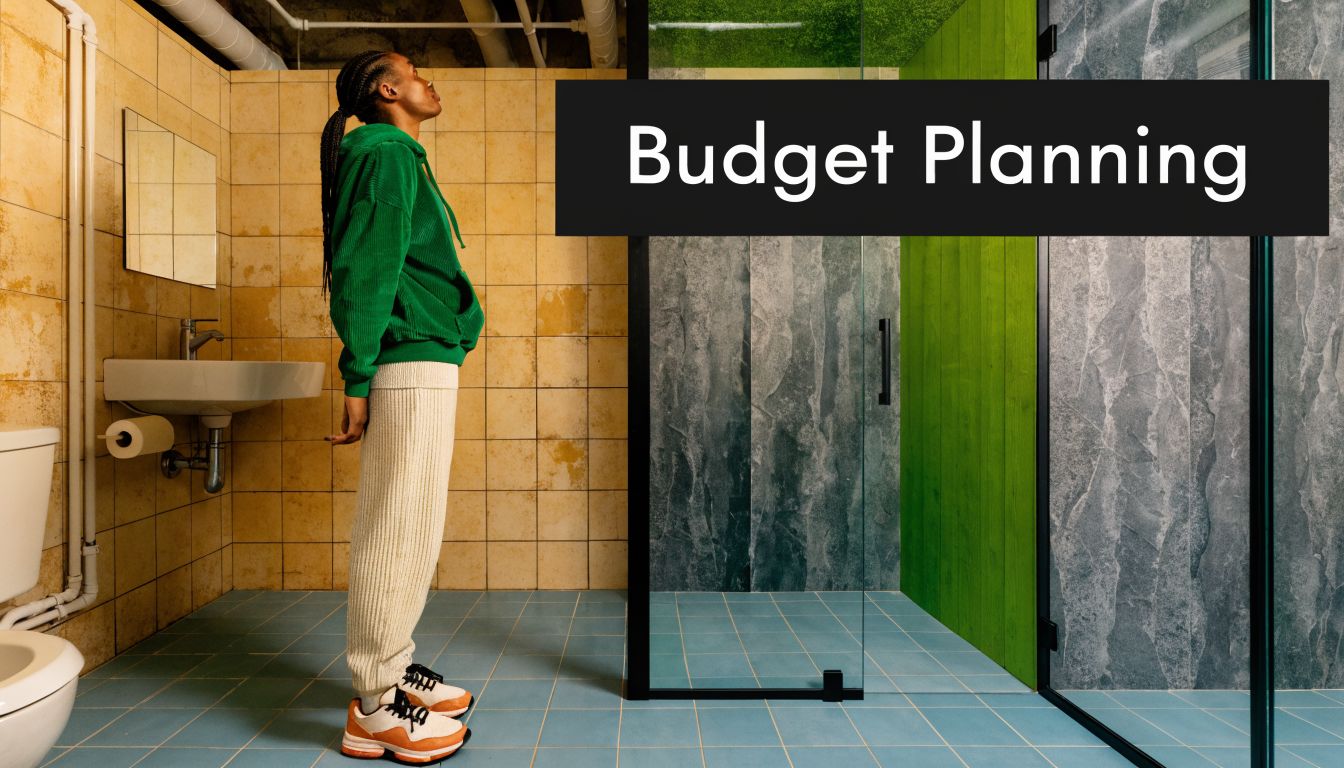 A person in a green hoodie stands in a modern bathroom looking at a glass shower enclosure.
