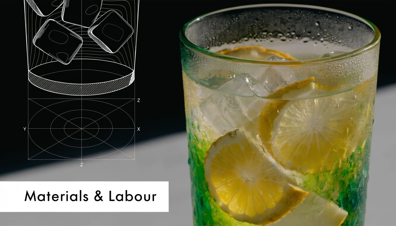 A refreshing green drink with ice cubes and lemon slices beside a technical drawing diagram.