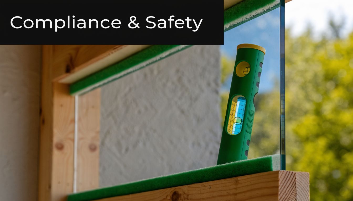 A construction worker uses a green level to ensure a glass shower screen is perfectly vertical.