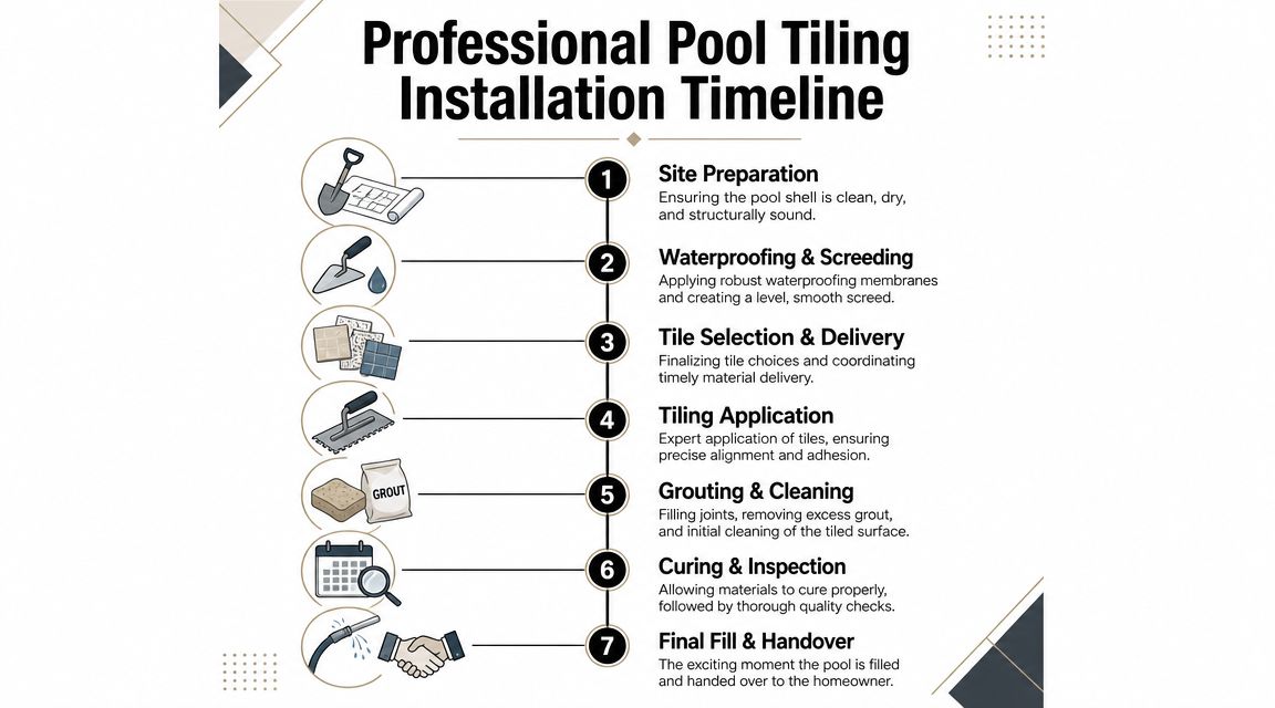 A professional pool tiling installation timeline graphic showing the seven essential steps from preparation to handover.