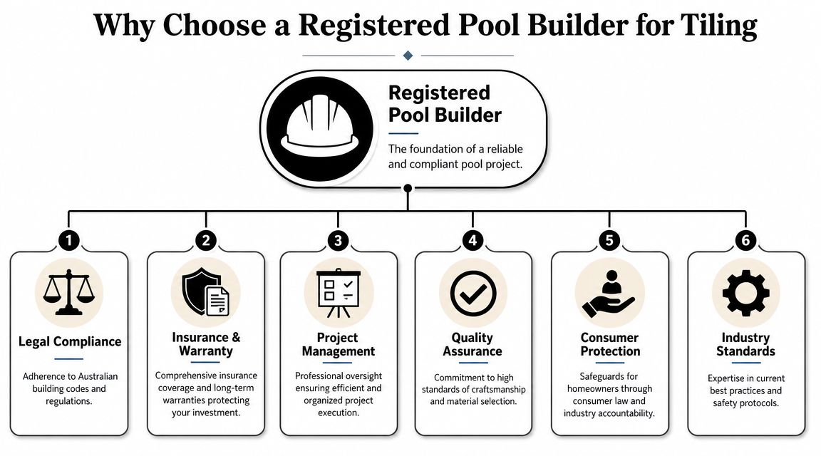 An infographic explaining the benefits of choosing a registered pool builder for your swimming pool tiling project.