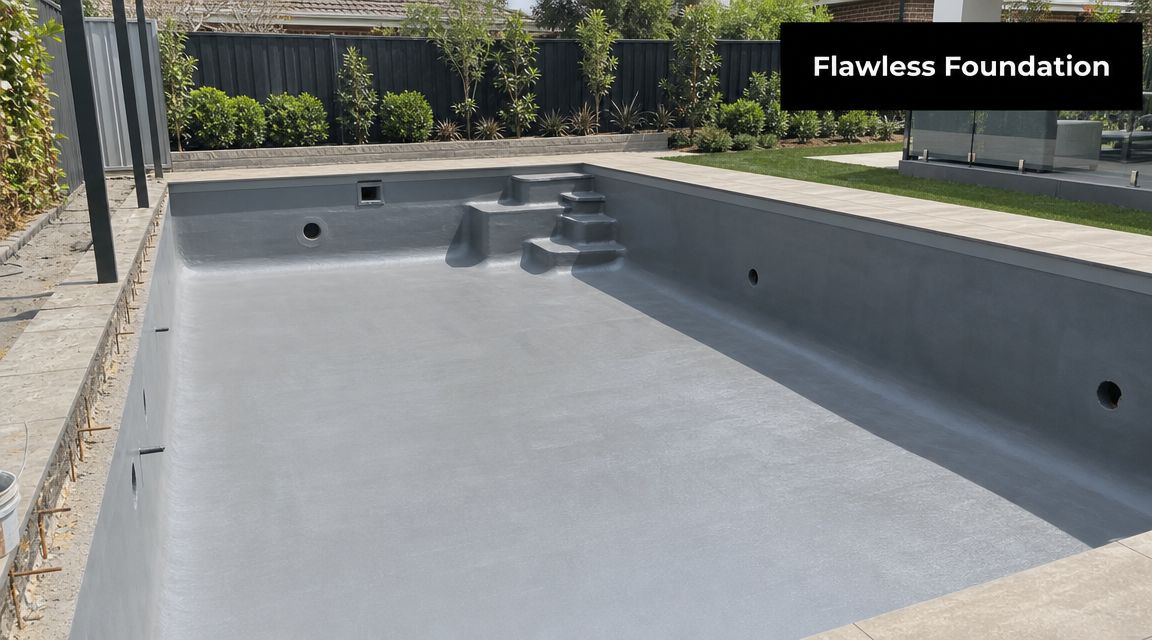 A newly installed empty grey swimming pool shell ready for tiling in a backyard setting.