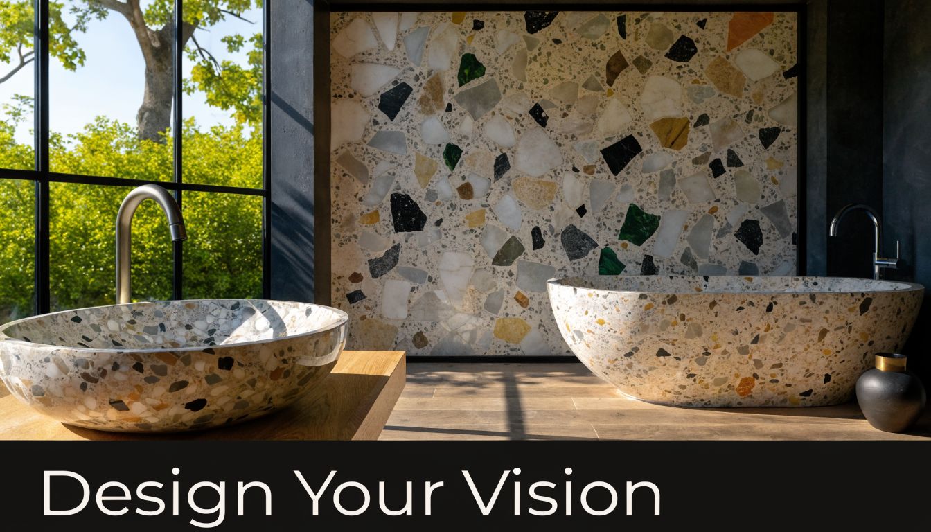 A modern bathroom featuring a terrazzo sink and matching bathtub set against a large decorative terrazzo wall.