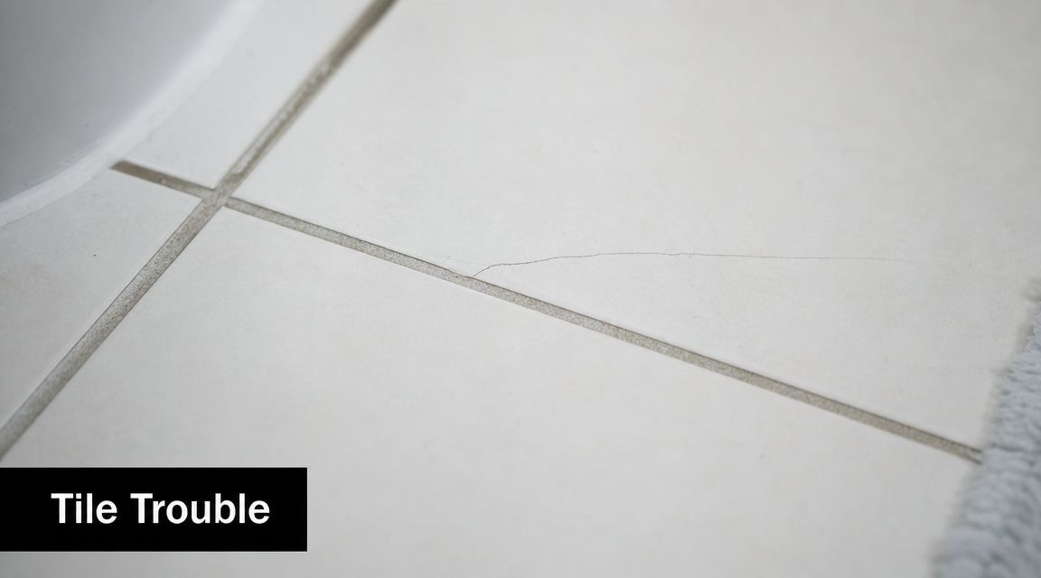 A close-up view of a cracked white floor tile in a bathroom near the grout lines.