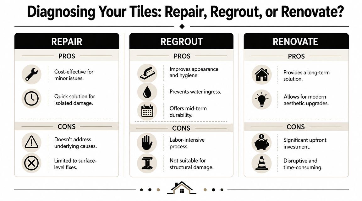 A comparison chart outlining the pros and cons of tile repair, regrouting, and full renovation projects.
