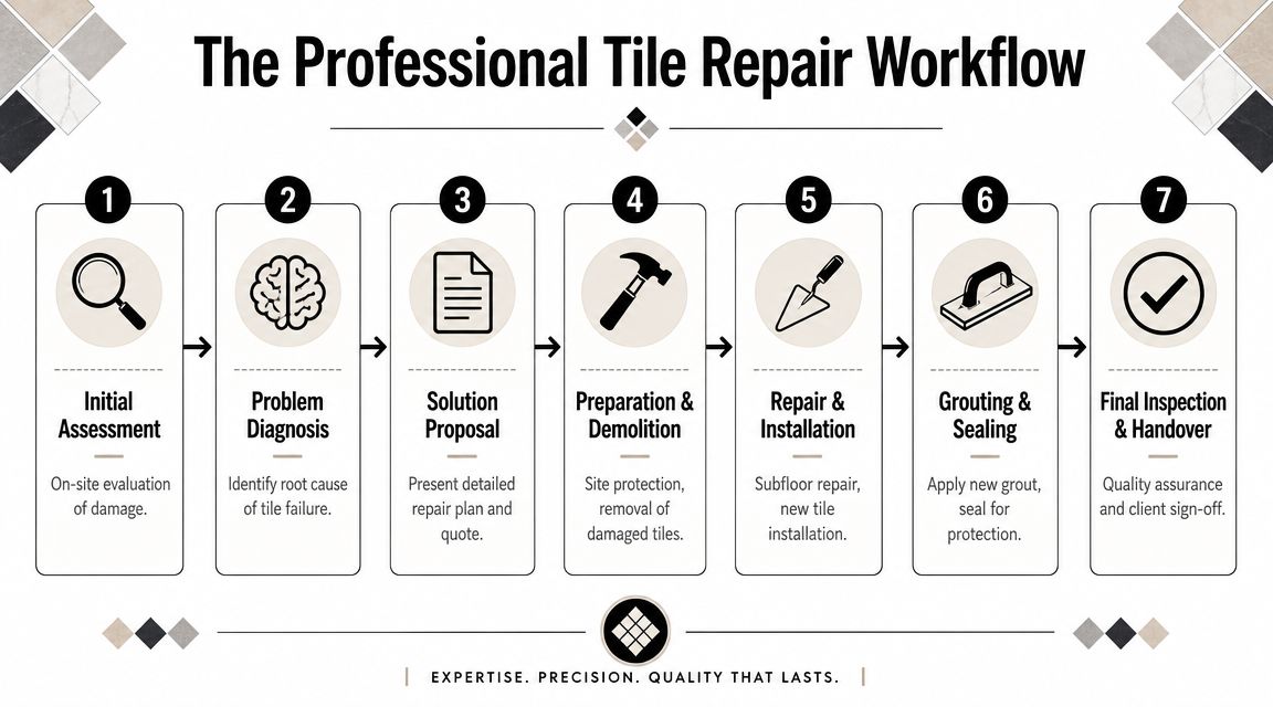 A professional infographic outlining the seven-step workflow for residential or commercial tile repair and restoration services.