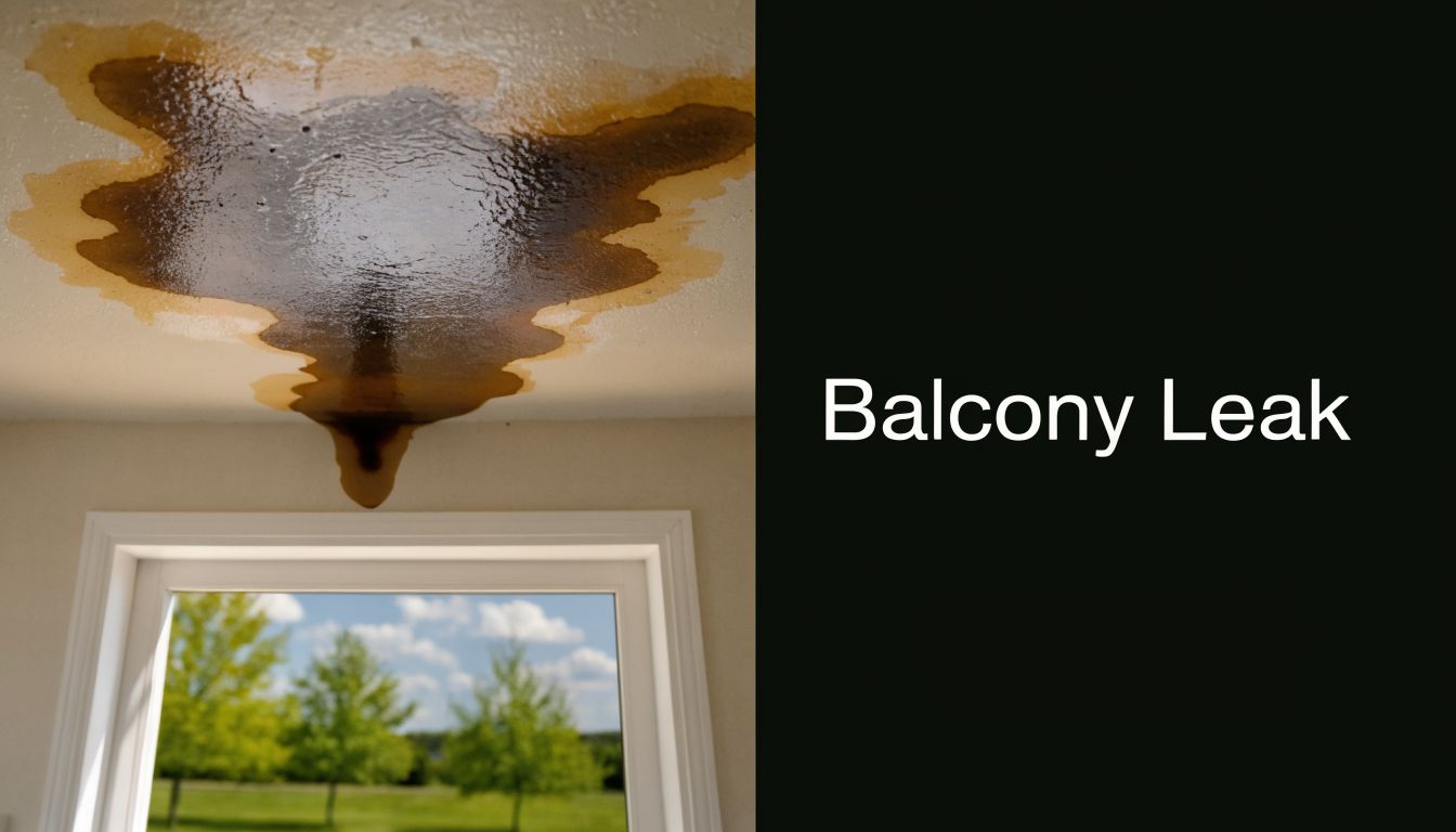 A large brown water stain leaking from a ceiling above a window, indicating a balcony leak problem.