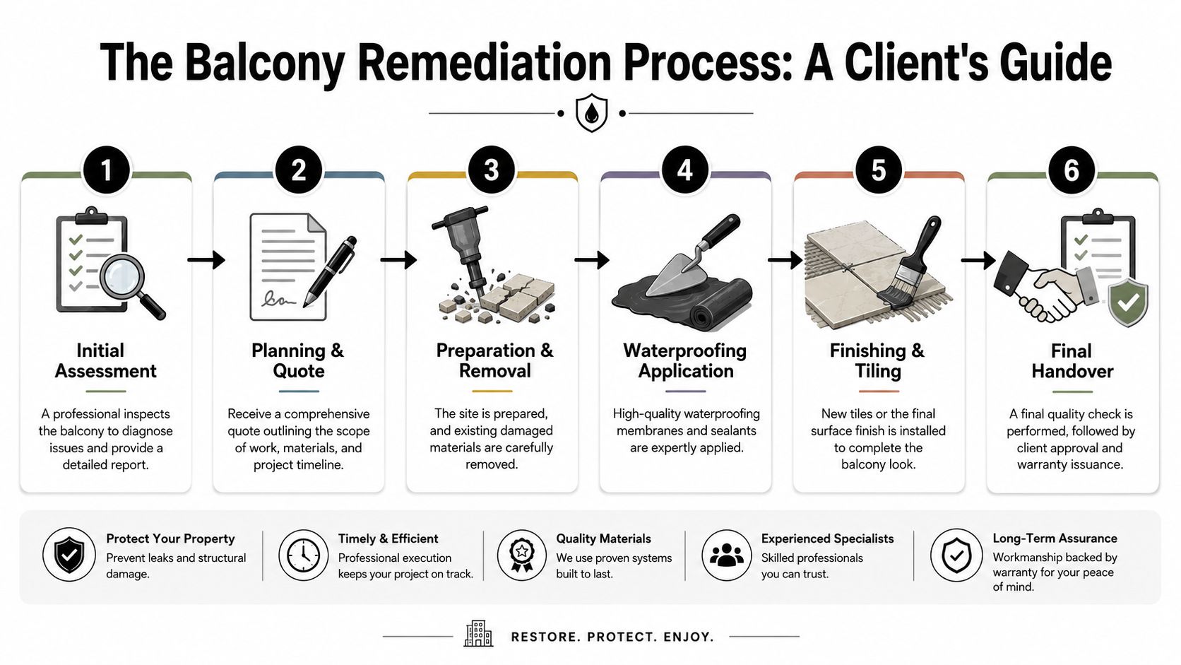 A six-step infographic guide detailing the professional balcony remediation, waterproofing, and restoration process for property owners.