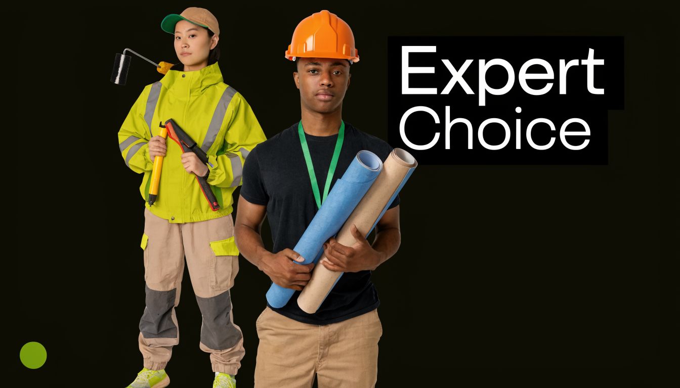 A female painter and a male construction worker holding building tools and blueprints on black background.