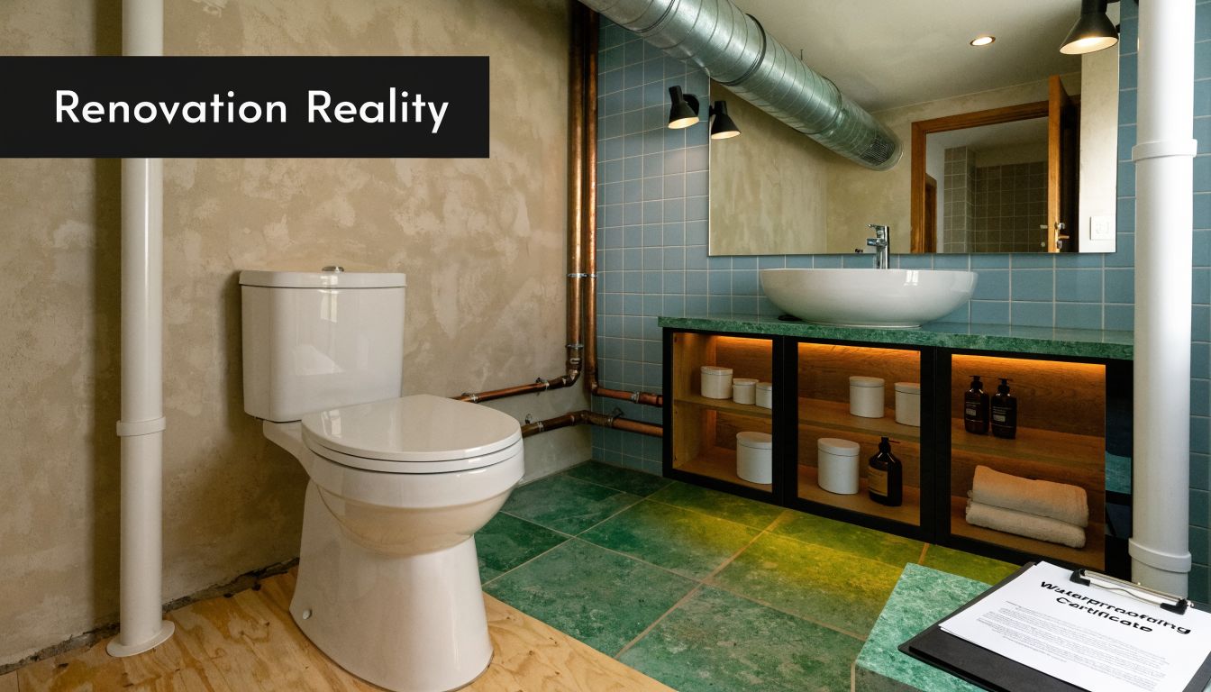 A modern bathroom renovation with green floor tiles, open shelving, exposed pipes, and a waterproofing compliance certificate.