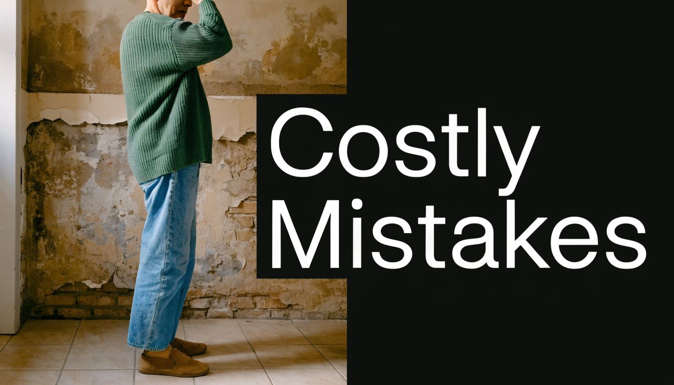 A person standing in a damaged room next to the text Costly Mistakes written on a black background.